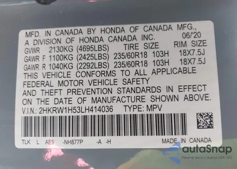 2020 Honda Cr-V 2Wd Ex из США, поврежденный, VIN 2HKRW1H53LH414036